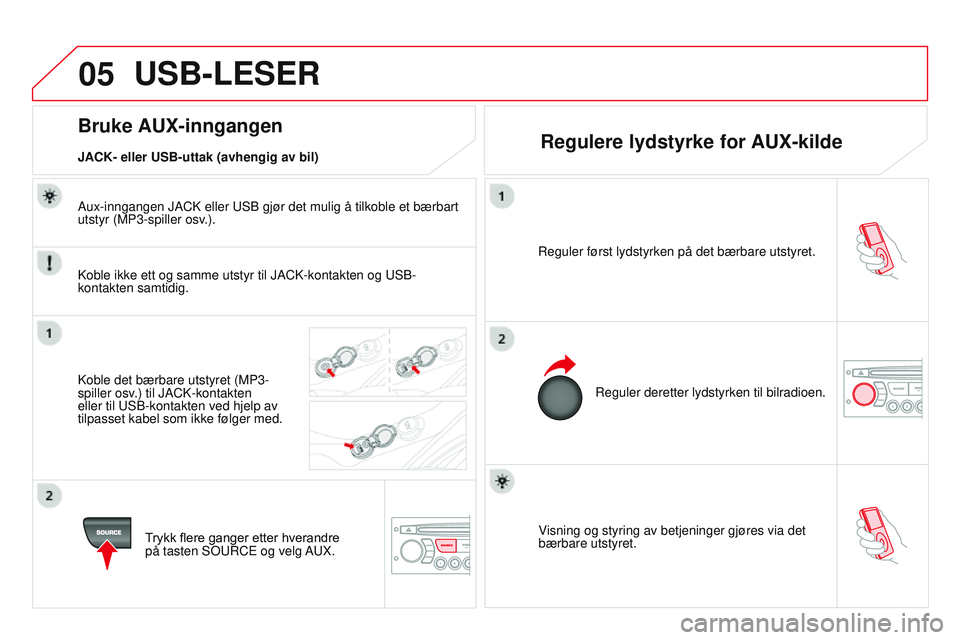 CITROEN DS3 CABRIO 2015 InstruksjonsbØker (in Norwegian) 05
DS3_no_Chap13c_rD45_ed01_2014
visning og styring av betjeninger gjøres via det
bærbare utstyret.
r
eguler først lydstyrken på det bærbare utstyret.
r
eguler deretter lydstyrken til bilradio CITROEN DS3 CABRIO 2015 InstruksjonsbØker (in Norwegian) 05
DS3_no_Chap13c_rD45_ed01_2014
visning og styring av betjeninger gjøres via det
bærbare utstyret.
r
eguler først lydstyrken på det bærbare utstyret.
r
eguler deretter lydstyrken til bilradio