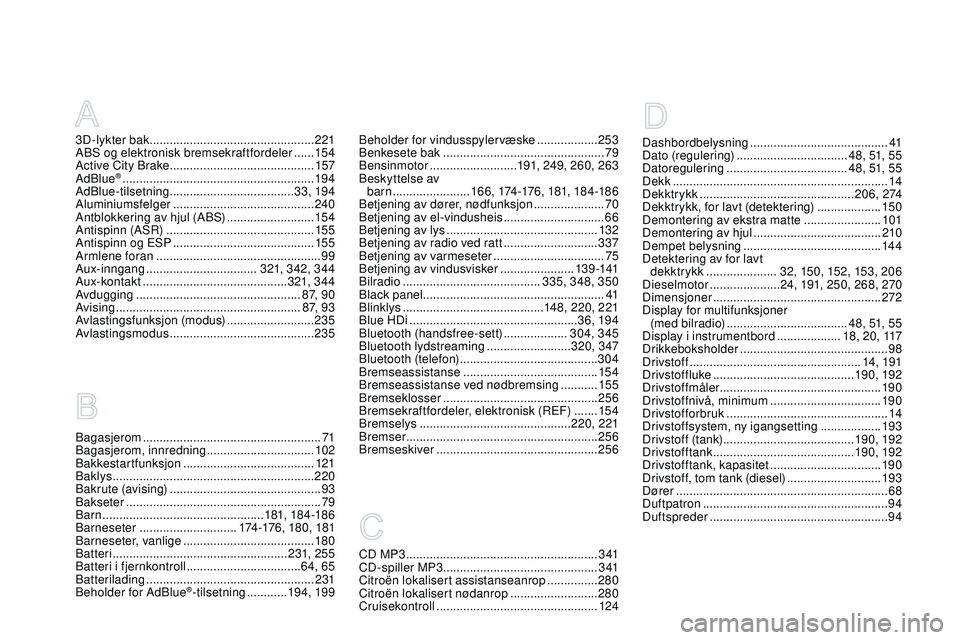 CITROEN DS3 CABRIO 2015 InstruksjonsbØker (in Norwegian) DS3_no_Chap14_index-recherche_ed01-2014
3D-lykter bak ................................................. 221aB
S og elektronisk bremsekraftfordeler ...... 15
4
ac
tive City Brake
................... CITROEN DS3 CABRIO 2015 InstruksjonsbØker (in Norwegian) DS3_no_Chap14_index-recherche_ed01-2014
3D-lykter bak ................................................. 221aB
S og elektronisk bremsekraftfordeler ...... 15
4
ac
tive City Brake
...................