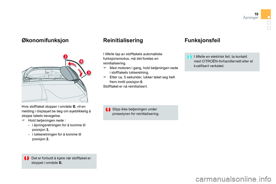 CITROEN DS3 CABRIO 2015  InstruksjonsbØker (in Norwegian) 10Åpninger
  Hvis stofftaket stopper i område  B 
, vil en 
melding i displayet be deg om øyeblikkelig å 
stoppe takets bevegelse. 
   
 
�) 
  Hold betjeningen nede : 
   
 
-   i åpningsretning