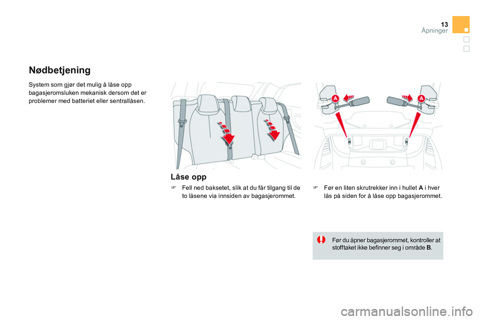 CITROEN DS3 CABRIO 2015  InstruksjonsbØker (in Norwegian) 13Åpninger
  System som gjør det mulig å låse opp 
bagasjeromsluken mekanisk dersom det er 
problemer med batteriet eller sentrallåsen. 
   
Låse opp 
 
 
 
 
 
 
 
Nødbetjening 
 
 
�) 
  Før