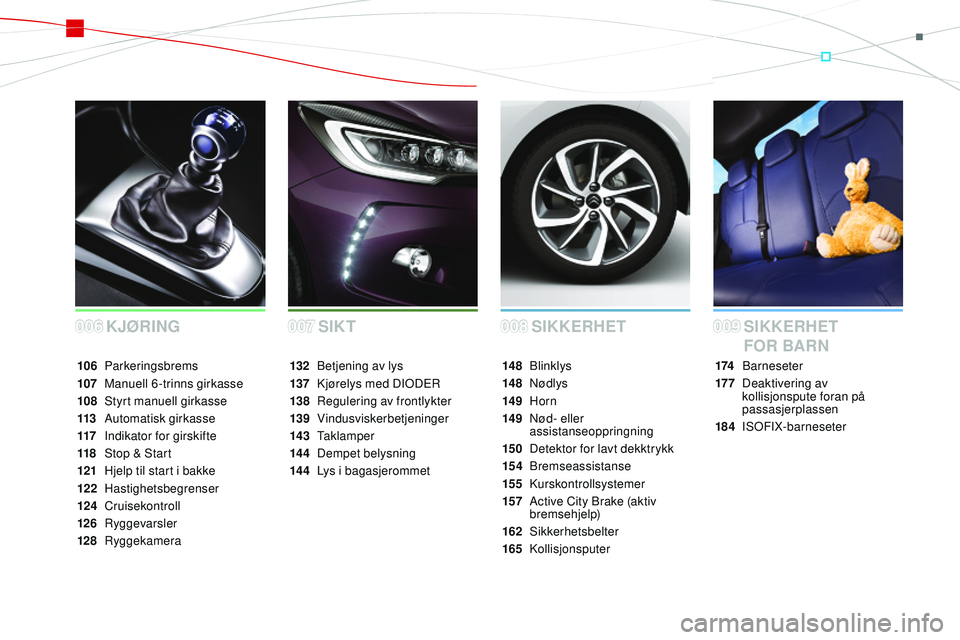 CITROEN DS3 CABRIO 2015  InstruksjonsbØker (in Norwegian) DS3_no_Chap00a_sommaire_ed01-2014
SIKKERHET
KJØRING SIKKERHET 
FO

R
 B
 ARN
174 Barneseter
17 7
 D
 eaktivering av 
kollisjonspute foran på 
passasjerplassen
184
 iSO

F
iX
 -barneseter
14 8 
Blink