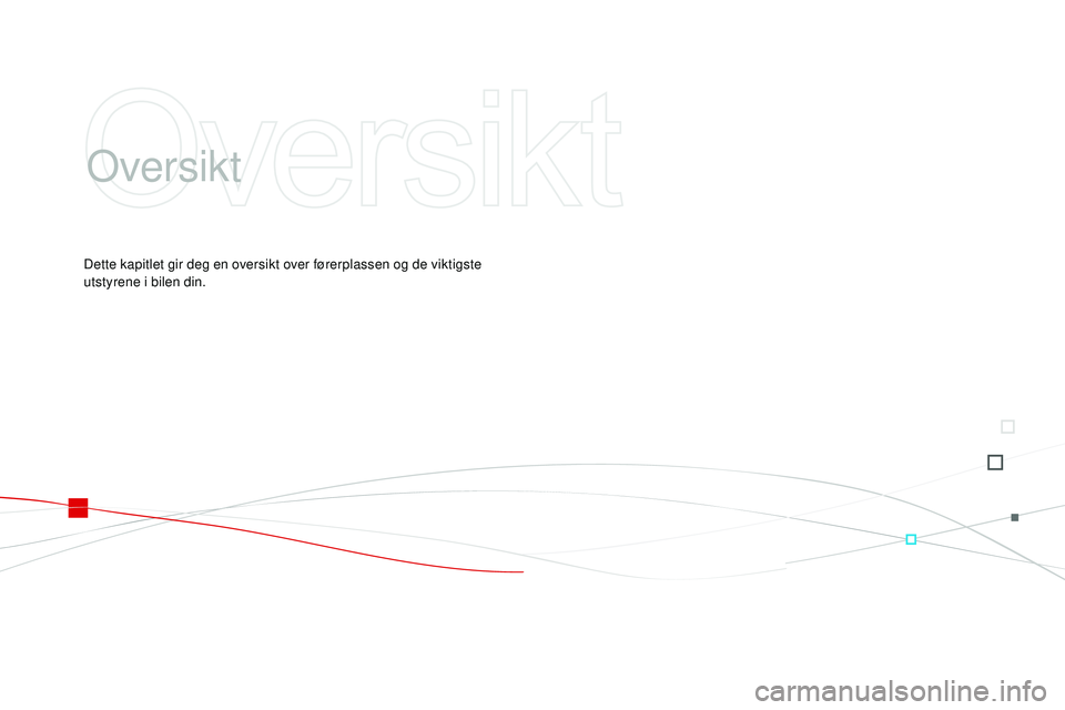 CITROEN DS3 CABRIO 2015  InstruksjonsbØker (in Norwegian) DS3_no_Chap00b_vue-ensemble_ed01-2014
Oversikt
Dette kapitlet gir deg en oversikt over førerplassen og de viktigste 
utstyrene i bilen din. 