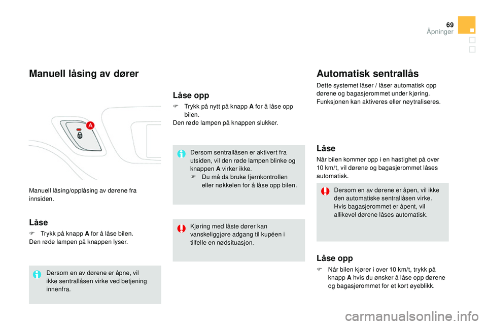 CITROEN DS3 CABRIO 2015 InstruksjonsbØker (in Norwegian) 69
DS3_no_Chap03_ouvertures_ed01-2014
Manuell låsing/opplåsing av dørene fra
innsiden.
Manuell låsing av dører
LÃ¥se
F Trykk på knapp A for å låse bilen.
Den røde lampen på knappen lyser.
L CITROEN DS3 CABRIO 2015 InstruksjonsbØker (in Norwegian) 69
DS3_no_Chap03_ouvertures_ed01-2014
Manuell låsing/opplåsing av dørene fra
innsiden.
Manuell låsing av dører
LÃ¥se
F Trykk på knapp A for å låse bilen.
Den røde lampen på knappen lyser.
L
