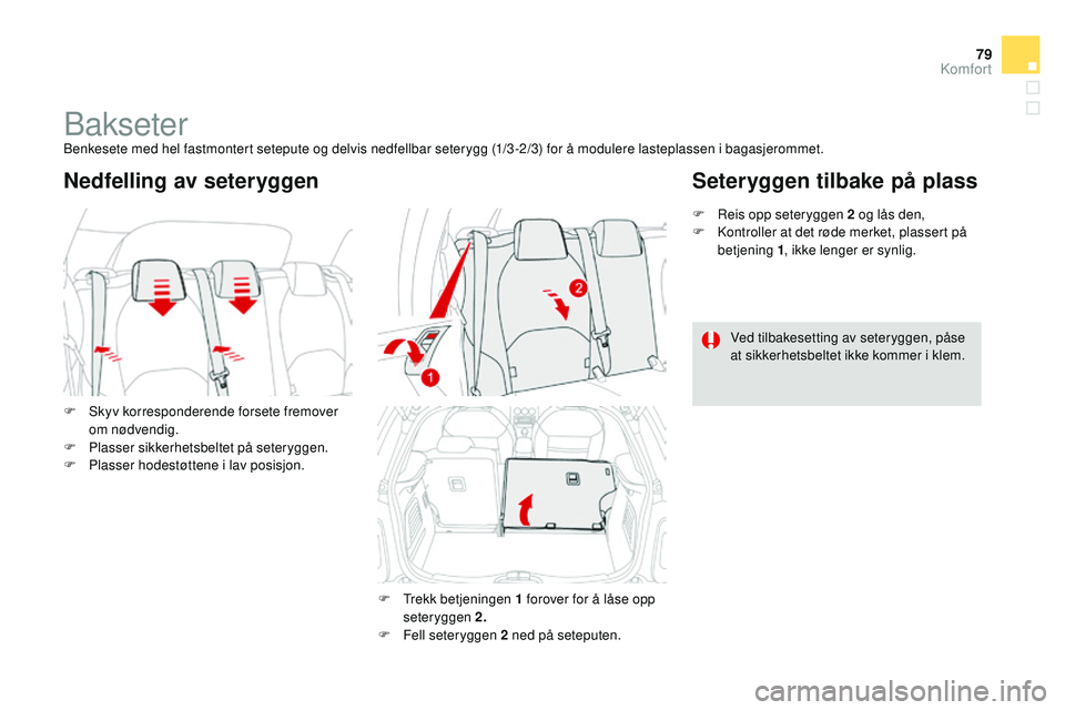 CITROEN DS3 CABRIO 2015  InstruksjonsbØker (in Norwegian) 79
DS3_no_Chap04_confort_ed01-2014
BakseterBenkesete med hel fastmontert setepute og delvis nedfellbar seterygg (1/3 -2/3) for å modulere lasteplassen i bagasjerommet.
F 
S
 kyv korresponderende fors