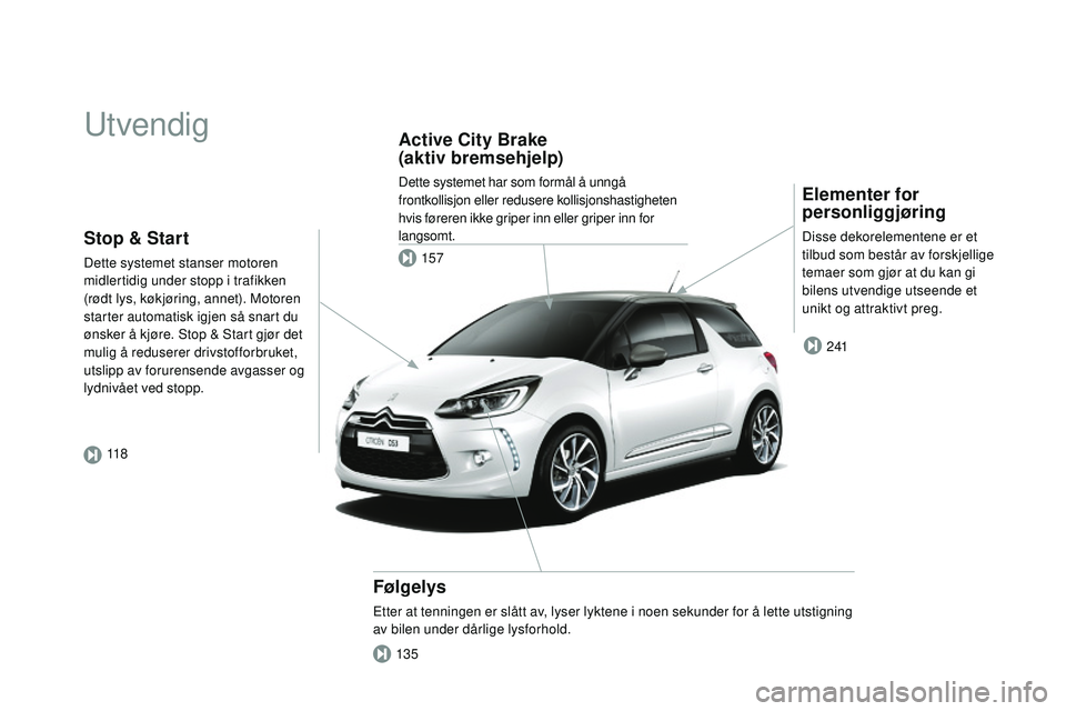 CITROEN DS3 CABRIO 2015  InstruksjonsbØker (in Norwegian) DS3_no_Chap00b_vue-ensemble_ed01-2014
utvendig
Elementer for 
personliggjøring
Disse dekorelementene er et 
tilbud som består av forskjellige 
temaer som gjør at du kan gi 
bilens utvendige utseend