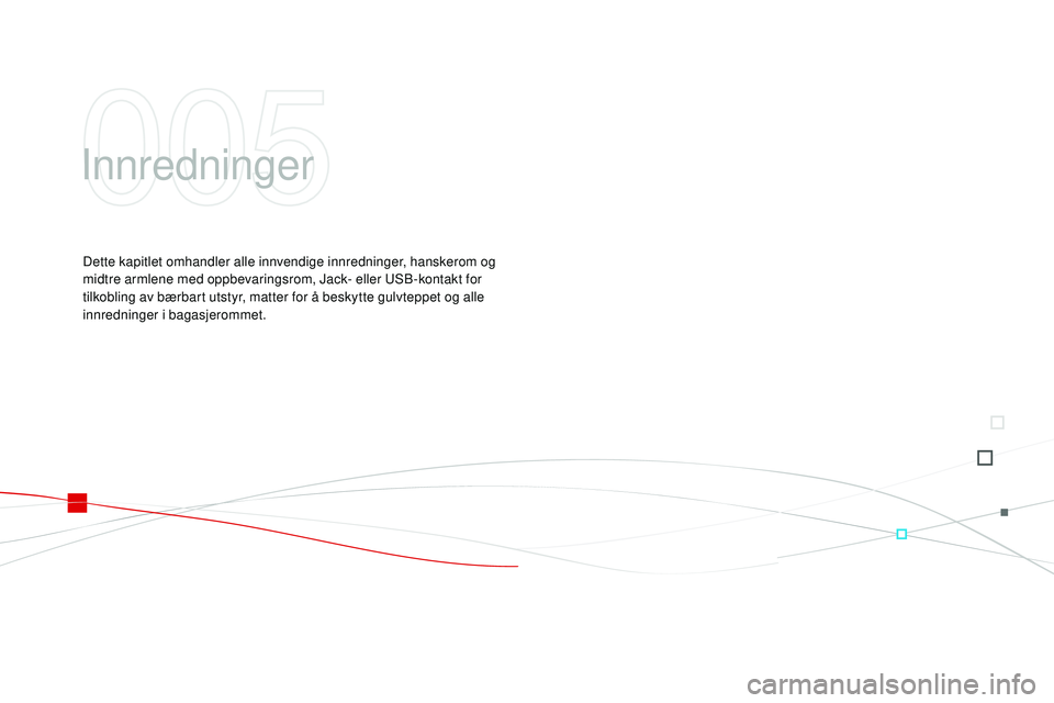 CITROEN DS3 CABRIO 2015 InstruksjonsbØker (in Norwegian) DS3_no_Chap05_amenagement_ed01-2014
innredninger
Dette kapitlet omhandler alle innvendige innredninger, hanskerom og
midtre armlene med oppbevaringsrom, Jack- eller uS B-kontakt for
tilkobling av b CITROEN DS3 CABRIO 2015 InstruksjonsbØker (in Norwegian) DS3_no_Chap05_amenagement_ed01-2014
innredninger
Dette kapitlet omhandler alle innvendige innredninger, hanskerom og
midtre armlene med oppbevaringsrom, Jack- eller uS B-kontakt for
tilkobling av b