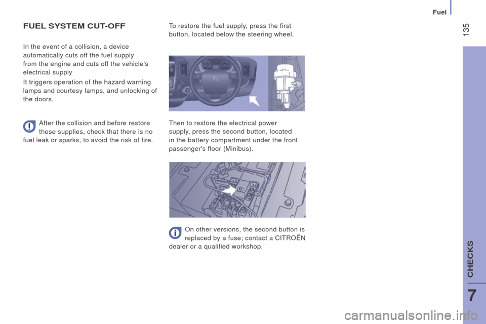 Citroen JUMPER RHD 2016 2.G Owners Manual  135
FuEL SYS t EM  cut- OFF
After the collision and before restore 
these supplies, check that there is no 
fuel leak or sparks, to avoid the risk of fire. In the event of a collision, a device 
auto