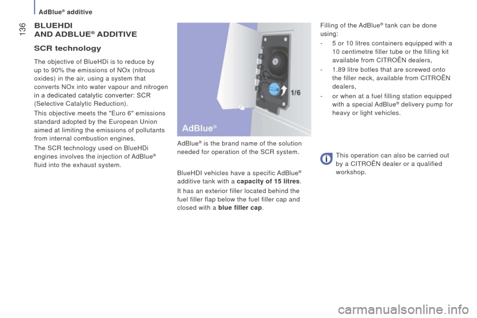 Citroen JUMPER RHD 2016 2.G Owners Manual 136
BLuEHdI
A nd AdB L u E® AddItIVE
AdBlue® is the brand name of the solution
needed for operation of the SCR system.
BlueHDI vehicles have a specific AdBlue
®
additive tank with a capacity of Citroen JUMPER RHD 2016 2.G Owners Manual 136
BLuEHdI
A nd AdB L u E® AddItIVE
AdBlue® is the brand name of the solution
needed for operation of the SCR system.
BlueHDI vehicles have a specific AdBlue
®
additive tank with a capacity of