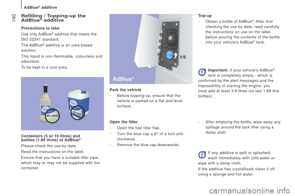 Citroen JUMPER RHD 2016 2.G Owners Manual 140
refilling / topping-up the
AdBlue® additive
Precautions to take
Use only AdBlue® additive that meets the
ISO 22241 standard.
The AdBlue
® additive is an urea-based
solution.
This liquid is Citroen JUMPER RHD 2016 2.G Owners Manual 140
refilling / topping-up the
AdBlue® additive
Precautions to take
Use only AdBlue® additive that meets the
ISO 22241 standard.
The AdBlue
® additive is an urea-based
solution.
This liquid is