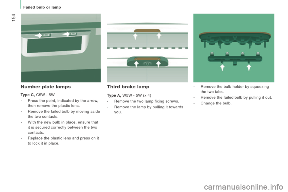 Citroen JUMPER RHD 2016 2.G Owners Manual 154
third brake lamp
type A, W5W - 5W (x 4)
-
Remove the two lamp fixing screws.
-
Remove the lamp by pulling it towards
you.
number plate lamps
type c , C5W - 5W
-
Press the point, indica Citroen JUMPER RHD 2016 2.G Owners Manual 154
third brake lamp
type A, W5W - 5W (x 4)
-
Remove the two lamp fixing screws.
-
Remove the lamp by pulling it towards
you.
number plate lamps
type c , C5W - 5W
-
Press the point, indica