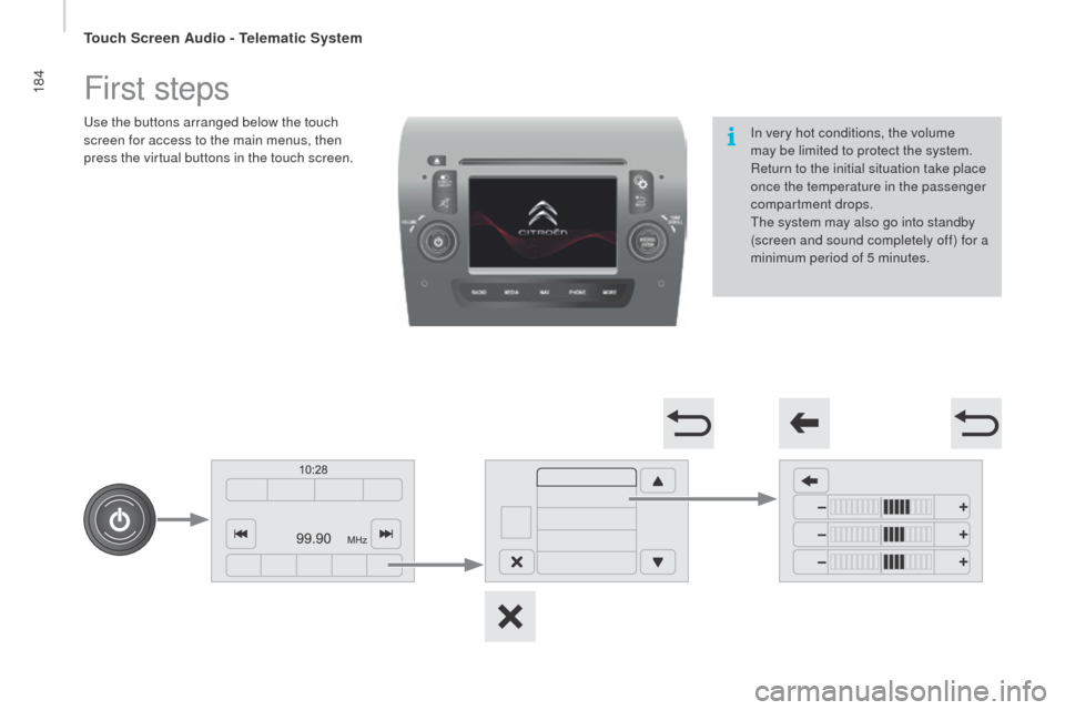 Citroen JUMPER RHD 2016 2.G Owners Manual 184First steps
Use the buttons arranged below the touch
screen for access to the main menus, then
press the virtual buttons in the touch screen.In very hot conditions, the volume
may be limited to Citroen JUMPER RHD 2016 2.G Owners Manual 184First steps
Use the buttons arranged below the touch
screen for access to the main menus, then
press the virtual buttons in the touch screen.In very hot conditions, the volume
may be limited to