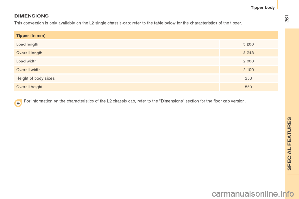 Citroen JUMPER RHD 2016 2.G Owners Manual  261
tipper (in mm)
Load length 3 200
Overall length 3
  248
Load width 2 000
Overall width 2 100
Height of body sides 350
Overall height 550
dIMEnSIOnS
This conversion is only available on the L2 sin