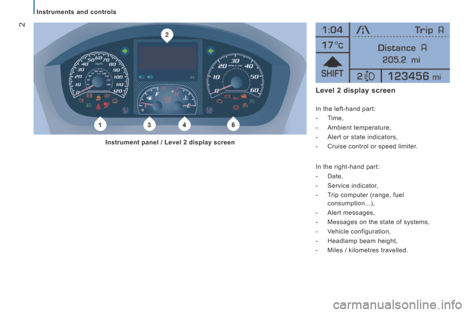 Citroen JUMPER RHD 2016 2.G Owners Manual 2
   Instruments  and  controls   
      Level  2  display  screen 
  In the left-hand part: 
   -   Time, 
  -   Ambient  temperature, 
  -   Alert  or  state  indicators, 
  -   Cruise  control  or 