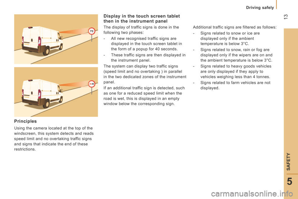 Citroen JUMPER RHD 2016 2.G Owners Manual  13
5
Driving safely
SAFETY
  Display in the touch screen tablet then in the instrument panel 
  The display of traffic signs is done in the 
following two phases: 
   -   All new recognised traffic s