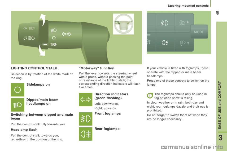 Citroen JUMPER RHD 2016 2.G Owners Manual  45
LIGHtInG cOntrOL StALK
Selection is by rotation of the white mark on 
the ring.
direction indicators  
(green flashing)
Left: downwards.
Right: upwards.
Sidelamps on
d

ipped/main beam 
headlamps 