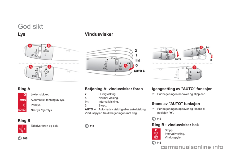 CITROEN DS3 CABRIO 2014  InstruksjonsbØker (in Norwegian)   God sikt 
Lys 
Ring A 
Ring B 
 
 Vindusvisker 
108
 
 
Betjening A: vindusvisker foran
2. 
 Hurtigvisking.
1.Normal visking.
Int.Intervallvisking. 
0.   Stopp. 
AUTO �