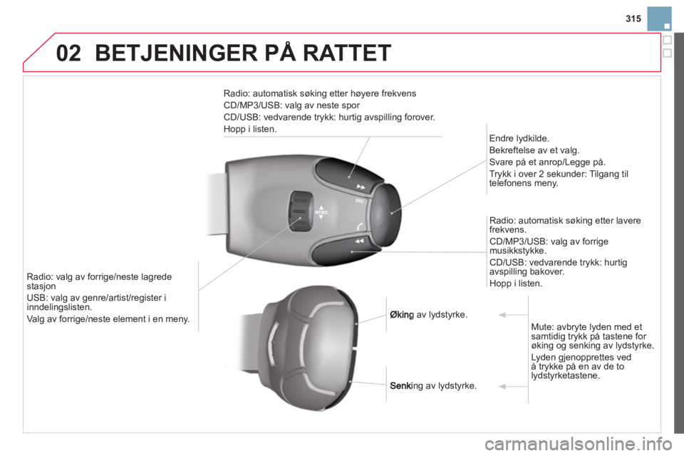 CITROEN DS3 CABRIO 2014  InstruksjonsbØker (in Norwegian) 315
02BETJENINGER PÅ RATTET 
Radio: automatisk søking etter høyere frekvens 
CD/MP3/USB: valg av neste spor 
CD/USB: vedvarende tr
ykk: hurtig avspilling forover. 
Ho
pp i listen.
   Endre lydkilde