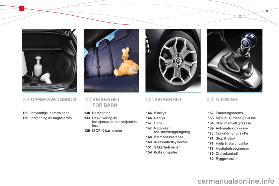 CITROEN DS3 CABRIO 2014  InstruksjonsbØker (in Norwegian) SIKKERHET KJØRINGOPPBEVARINGSROMSIKKERHET 
FOR BARN
162Parkeringsbrems
163Manuell 6-trinns girkasse
164 Styrt manuell girkasse
169Automatisk girkasse
173 Indikator for girskifte
174Stop & Start
17 7 