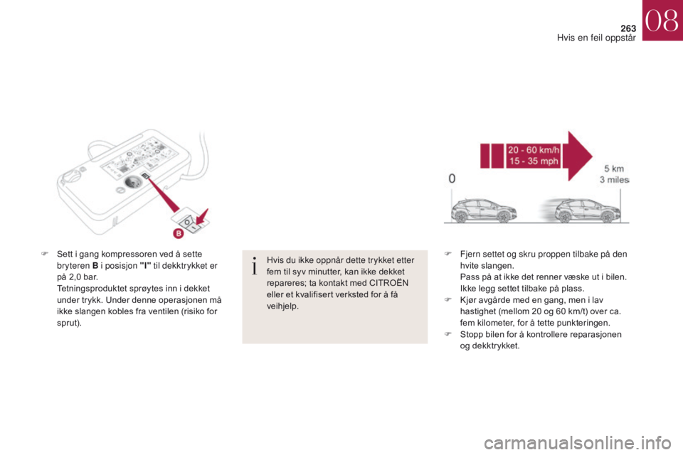 CITROEN DS4 2017 InstruksjonsbØker (in Norwegian) 263
DS4_no_Chap08_en-cas-de-panne_ed01-2016
F Sett i gang kompressoren ved å sette bryteren B i posisjon "I" til dekktrykket er
på 2,0 bar.
T
etningsproduktet sprøytes inn i dekket
un CITROEN DS4 2017 InstruksjonsbØker (in Norwegian) 263
DS4_no_Chap08_en-cas-de-panne_ed01-2016
F Sett i gang kompressoren ved å sette bryteren B i posisjon "I" til dekktrykket er
på 2,0 bar.
T
etningsproduktet sprøytes inn i dekket
un