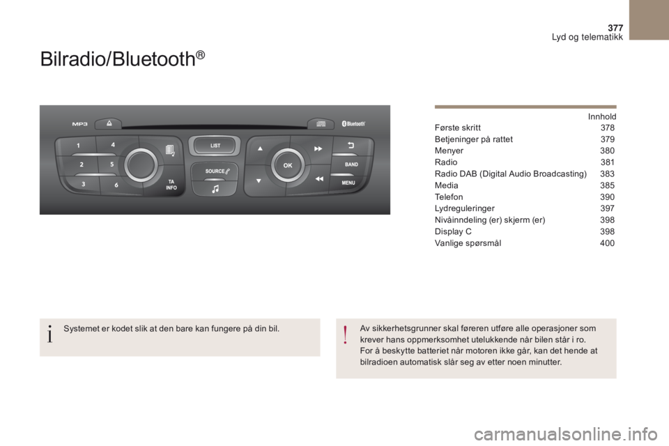 CITROEN DS4 2017 InstruksjonsbØker (in Norwegian) 377
DS4_ no_Chap10c _ RD5 _ed01-2016
Bilradio/Bluetooth®
Innhold
Første skritt
3 78
Betjeninger på rattet
3
79
Menyer
3
80
Radio
3
81
Radio DAB (Digital Audio Broadcasting)
3
83
Media
CITROEN DS4 2017 InstruksjonsbØker (in Norwegian) 377
DS4_ no_Chap10c _ RD5 _ed01-2016
Bilradio/Bluetooth®
Innhold
Første skritt
3 78
Betjeninger på rattet
3
79
Menyer
3
80
Radio
3
81
Radio DAB (Digital Audio Broadcasting)
3
83
Media
