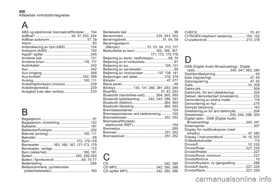 CITROEN DS4 2017 InstruksjonsbØker (in Norwegian) 406
Alfabetisk innholdsfortegnelse
DS4_no_Chap11_index-alpha_ed01-2016
A
ABS og elektronisk bremsekraftfordeler ......15 4
AdBlue® ............................... ...... 24, 37, 253, 254
AdBlue-auton CITROEN DS4 2017 InstruksjonsbØker (in Norwegian) 406
Alfabetisk innholdsfortegnelse
DS4_no_Chap11_index-alpha_ed01-2016
A
ABS og elektronisk bremsekraftfordeler ......15 4
AdBlue® ............................... ...... 24, 37, 253, 254
AdBlue-auton