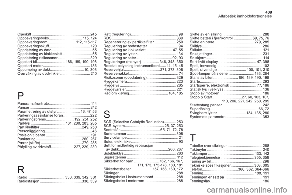 CITROEN DS4 2017 InstruksjonsbØker (in Norwegian) 409
Alfabetisk innholdsfortegnelse
DS4_no_Chap11_index-alpha_ed01-2016
Oljeskift ......................................................... 24 5
Oppbevaringsboks ................................ 1 15, CITROEN DS4 2017 InstruksjonsbØker (in Norwegian) 409
Alfabetisk innholdsfortegnelse
DS4_no_Chap11_index-alpha_ed01-2016
Oljeskift ......................................................... 24 5
Oppbevaringsboks ................................ 1 15,