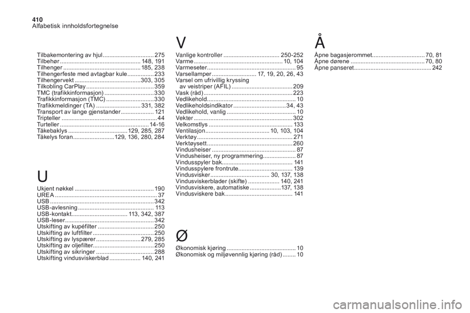 CITROEN DS4 2017  InstruksjonsbØker (in Norwegian) 410
Alfabetisk innholdsfortegnelse
DS4_no_Chap11_index-alpha_ed01-2016
Vanlige kontroller ..................................2 50-252
Var me ............................... .......................10, 1