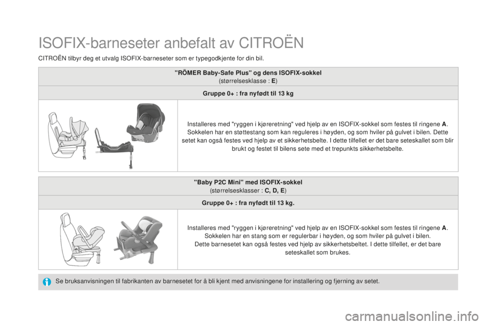 CITROEN DS4 2016 InstruksjonsbØker (in Norwegian) DS4_no_Chap06_securite enfants_ed03-2015
ISOFIX-barneseter anbefalt av CITROËN
Se bruksanvisningen til fabrikanten av barnesetet for å bli kjent med anvisningene for installering og fjerning av sete CITROEN DS4 2016 InstruksjonsbØker (in Norwegian) DS4_no_Chap06_securite enfants_ed03-2015
ISOFIX-barneseter anbefalt av CITROËN
Se bruksanvisningen til fabrikanten av barnesetet for å bli kjent med anvisningene for installering og fjerning av sete