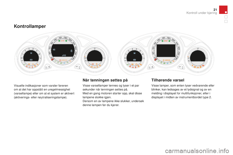 CITROEN DS4 2016 InstruksjonsbØker (in Norwegian) 21
DS4_no_Chap01_controle-de-marche_ed03-2015
Visuelle indikasjoner som varsler føreren
om at det har oppstått en uregelmessighet
(varsellampe) eller om at et system er aktivert
(aktiverings- ell CITROEN DS4 2016 InstruksjonsbØker (in Norwegian) 21
DS4_no_Chap01_controle-de-marche_ed03-2015
Visuelle indikasjoner som varsler føreren
om at det har oppstått en uregelmessighet
(varsellampe) eller om at et system er aktivert
(aktiverings- ell