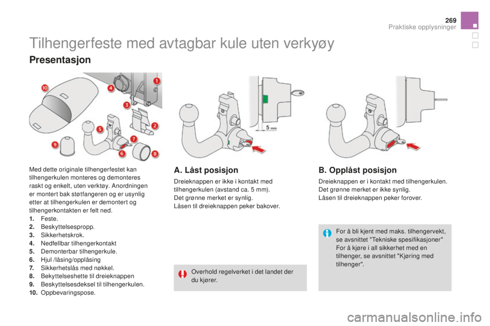 CITROEN DS4 2016 InstruksjonsbØker (in Norwegian) 269
DS4_no_Chap09_info-pratiques_ed03-2015
Tilhengerfeste med avtagbar kule uten verkyøy
For å bli kjent med maks. tilhengervekt,
se avsnittet "Tekniske spesifikasjoner"
For å kjøre i all CITROEN DS4 2016 InstruksjonsbØker (in Norwegian) 269
DS4_no_Chap09_info-pratiques_ed03-2015
Tilhengerfeste med avtagbar kule uten verkyøy
For å bli kjent med maks. tilhengervekt,
se avsnittet "Tekniske spesifikasjoner"
For å kjøre i all