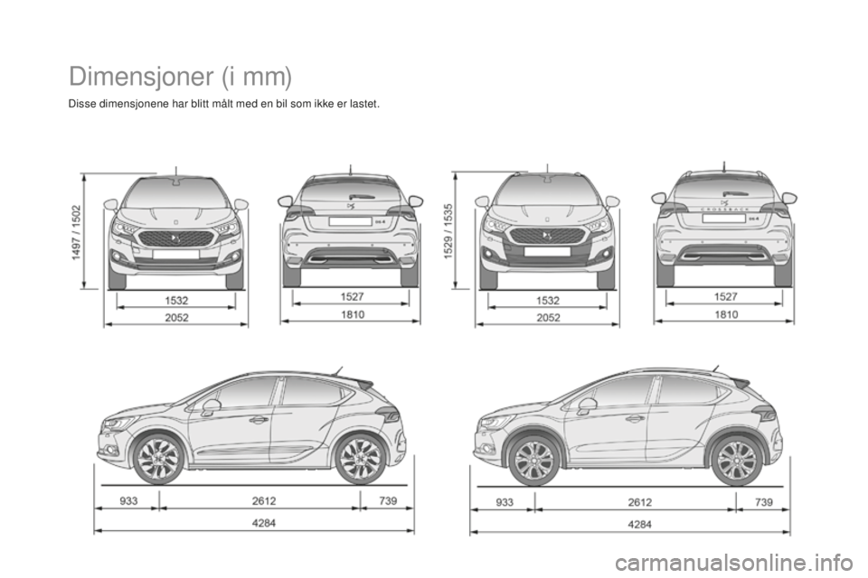 CITROEN DS4 2016  InstruksjonsbØker (in Norwegian) DS4_no_Chap11_caracteristiques_ed03-2015
Dimensjoner (i mm)
Disse dimensjonene har blitt målt med en bil som ikke er lastet. 