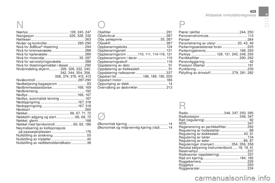 CITROEN DS4 2016  InstruksjonsbØker (in Norwegian) 425
DS4_no_Chap13_index-alpha_ed03-2015
Nærlys ........................................... 128, 245, 247
Navigasjon .............................. ......326, 328, 332
Nettleser
 

...................