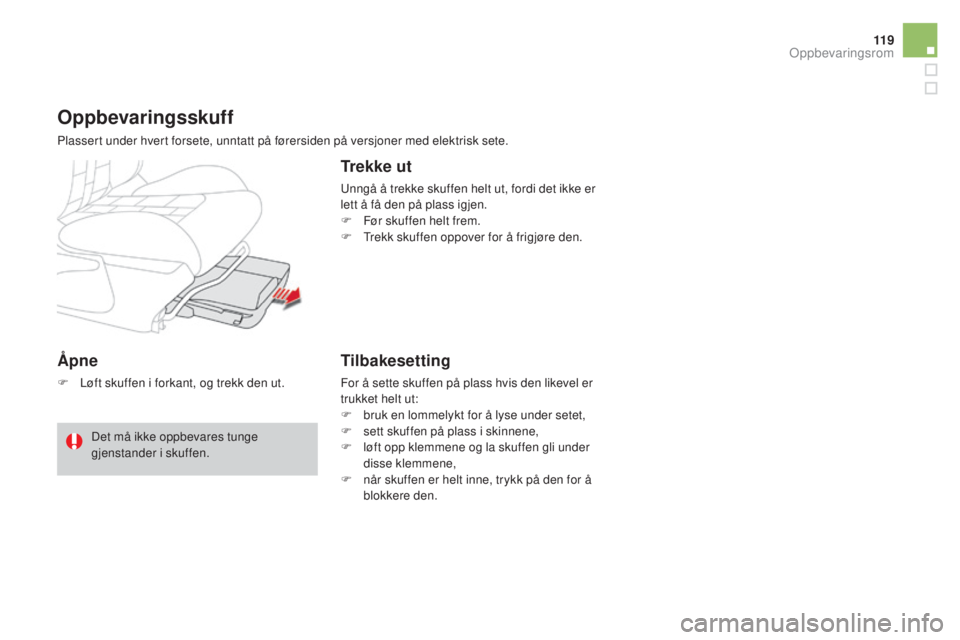 CITROEN DS4 2015  InstruksjonsbØker (in Norwegian) 11 9
DS4_no_Chap04_amenagement_ed02-2015
Åpne
F Løft skuffen i forkant, og trekk den ut.
Oppbevaringsskuff
Plassert under hvert forsete, unntatt på førersiden på versjoner med elektrisk sete.
Tre