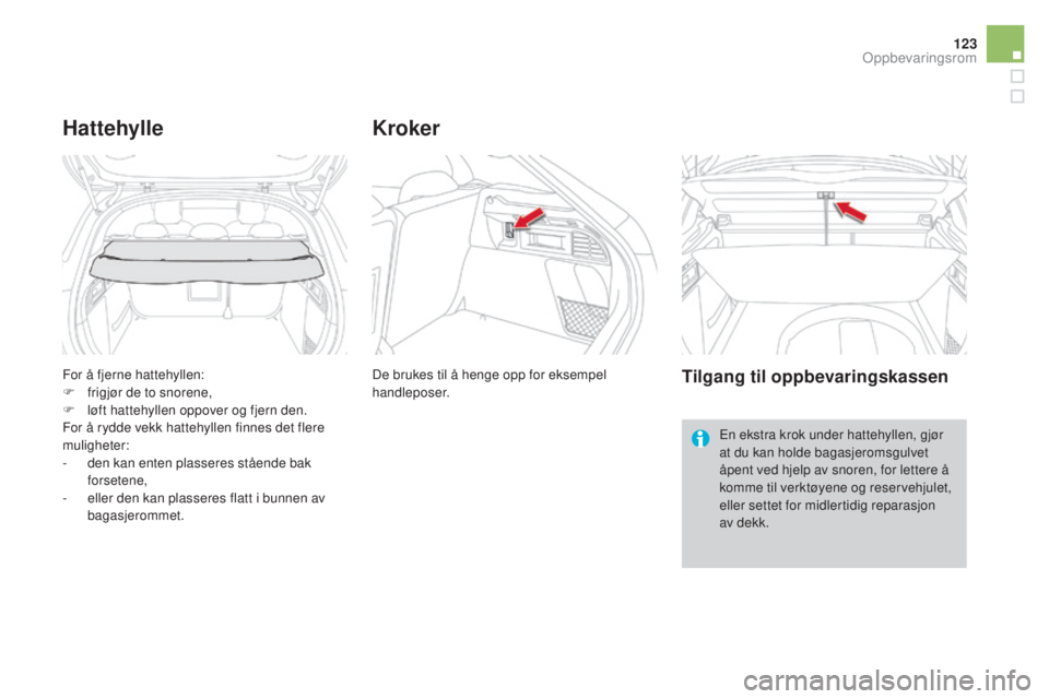 CITROEN DS4 2015  InstruksjonsbØker (in Norwegian) 123
DS4_no_Chap04_amenagement_ed02-2015
For å fjerne hattehyllen:
F f rigjør de to snorene,
F
 
l
 øft hattehyllen oppover og fjern den.
For å rydde vekk hattehyllen finnes det flere 
muligheter:
