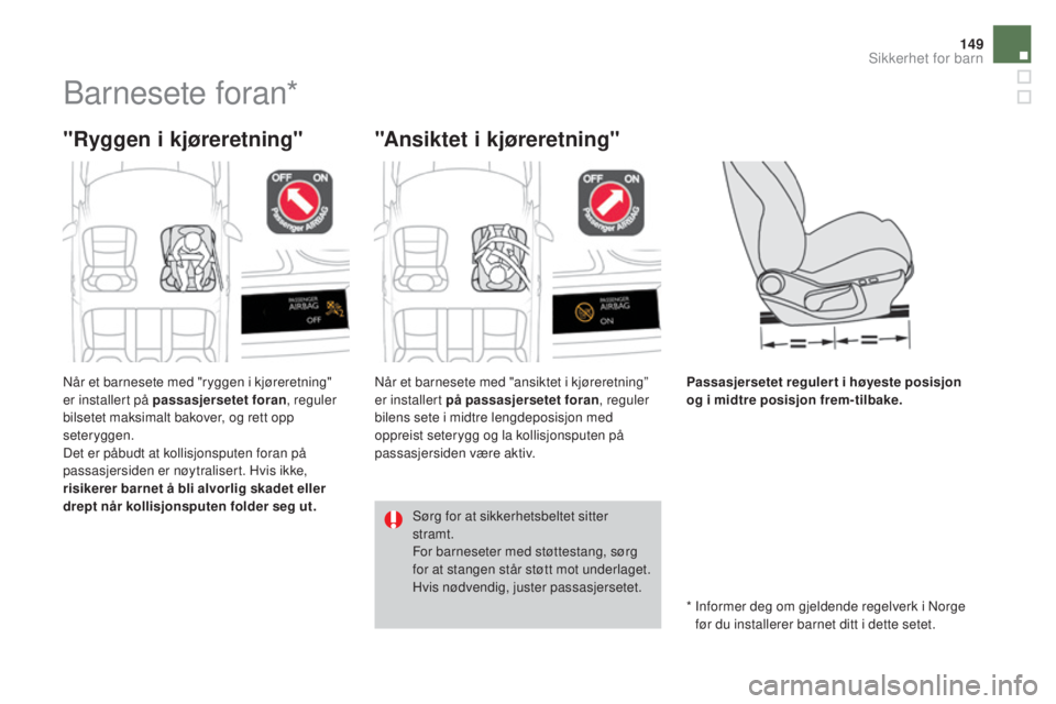 CITROEN DS4 2015  InstruksjonsbØker (in Norwegian) 149
DS4_no_Chap06_securite-enfants_ed02-2015
Barnesete foran*
"Ryggen i kjøreretning" "Ansiktet i kjøreretning"
Passasjersetet regulert i høyeste posisjon 
og i midtre posisjon frem