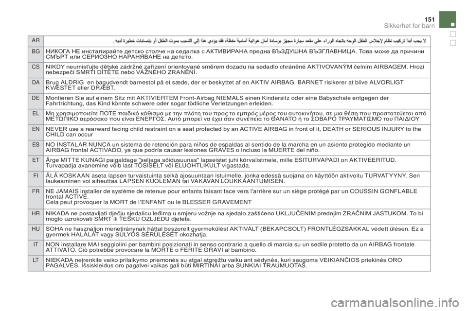 CITROEN DS4 2015  InstruksjonsbØker (in Norwegian) AR
BG
НИКОГА НЕ инсталирайте детско столче на седалка с АКТИВИРАНА предна ВЪЗДУШНА ВЪЗГЛАВНИЦ А. Това може да п�