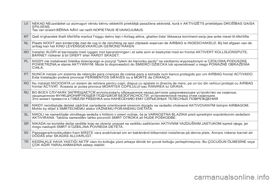 CITROEN DS4 2015  InstruksjonsbØker (in Norwegian) LVNEK AD NEuzstādiet uz aizmuguri vērstu bērnu sēdeklīti priekšējā pasažiera sēdvietā, kurā ir AKTIVIZĒTS priekšējais DROŠĪBAS GAISA 
S P I LV E N S .
Tas var izraisīt BĒRNA NĀVI v