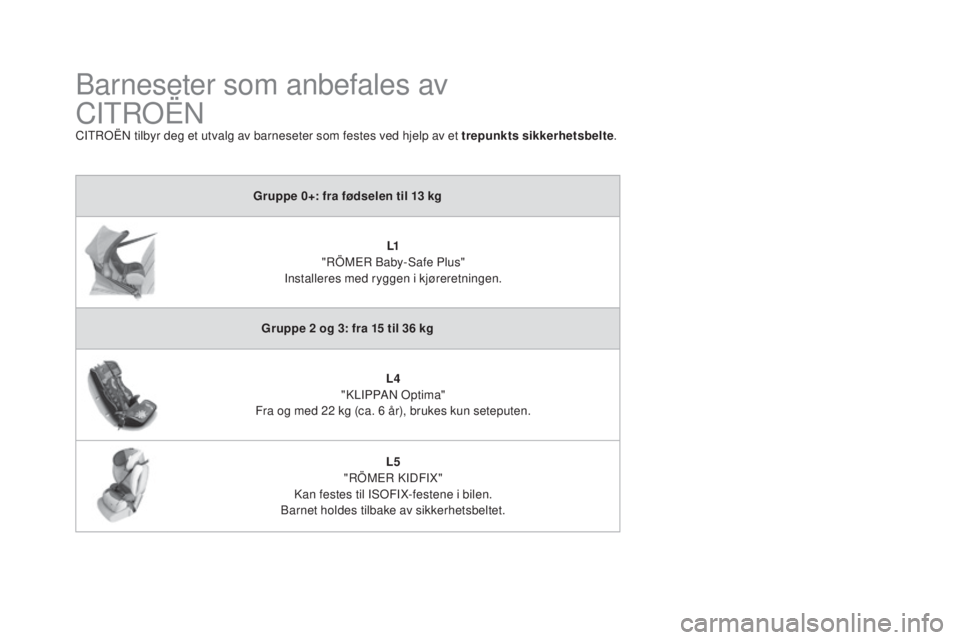 CITROEN DS4 2015  InstruksjonsbØker (in Norwegian) DS4_no_Chap06_securite-enfants_ed02-2015
Barneseter som anbefales av  
CITROËN
CITROËN tilbyr deg et utvalg av barneseter som festes ved hjelp av et trepunkts sikkerhetsbelte.
Gruppe 0+: fra fødsel