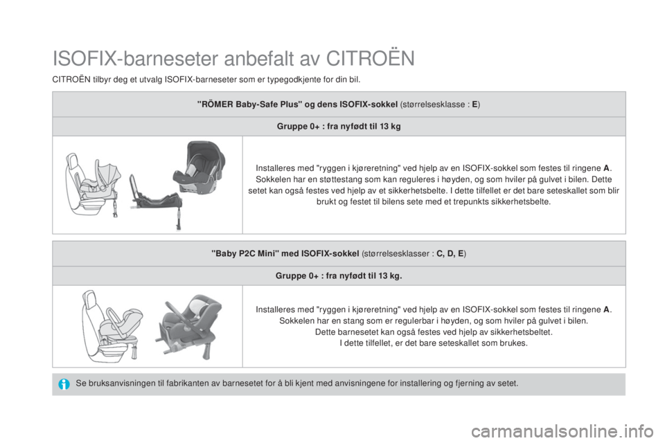 CITROEN DS4 2015  InstruksjonsbØker (in Norwegian) DS4_no_Chap06_securite-enfants_ed02-2015
ISOFIX-barneseter anbefalt av CITROËN
Se bruksanvisningen til fabrikanten av barnesetet for å bli kjent med anvisningene for installering og fjerning av sete