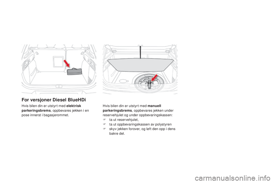 CITROEN DS4 2015 InstruksjonsbØker (in Norwegian) DS4_no_Chap10_info-pratiques_ed02-2015
For versjoner Diesel BlueHDi
Hvis bilen din er utstyrt med manuell
parkeringsbrems, oppbevares jekken under
reservehjulet og under oppbevaringskassen:
F
t
a CITROEN DS4 2015 InstruksjonsbØker (in Norwegian) DS4_no_Chap10_info-pratiques_ed02-2015
For versjoner Diesel BlueHDi
Hvis bilen din er utstyrt med manuell
parkeringsbrems, oppbevares jekken under
reservehjulet og under oppbevaringskassen:
F
t
a