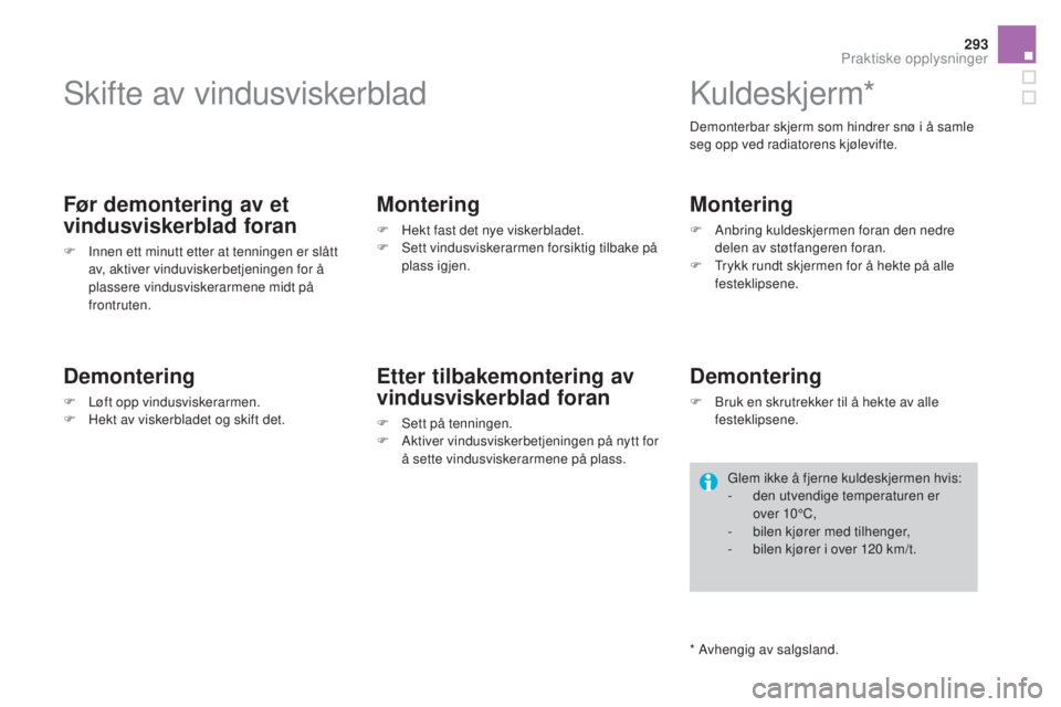 CITROEN DS4 2015 InstruksjonsbØker (in Norwegian) 293
DS4_no_Chap10_info-pratiques_ed02-2015
Skifte av vindusviskerblad
Før demontering av et
vindusviskerblad foran
F Innen ett minutt etter at tenningen er slått av, aktiver vinduviskerbetjeningen CITROEN DS4 2015 InstruksjonsbØker (in Norwegian) 293
DS4_no_Chap10_info-pratiques_ed02-2015
Skifte av vindusviskerblad
Før demontering av et
vindusviskerblad foran
F Innen ett minutt etter at tenningen er slått av, aktiver vinduviskerbetjeningen