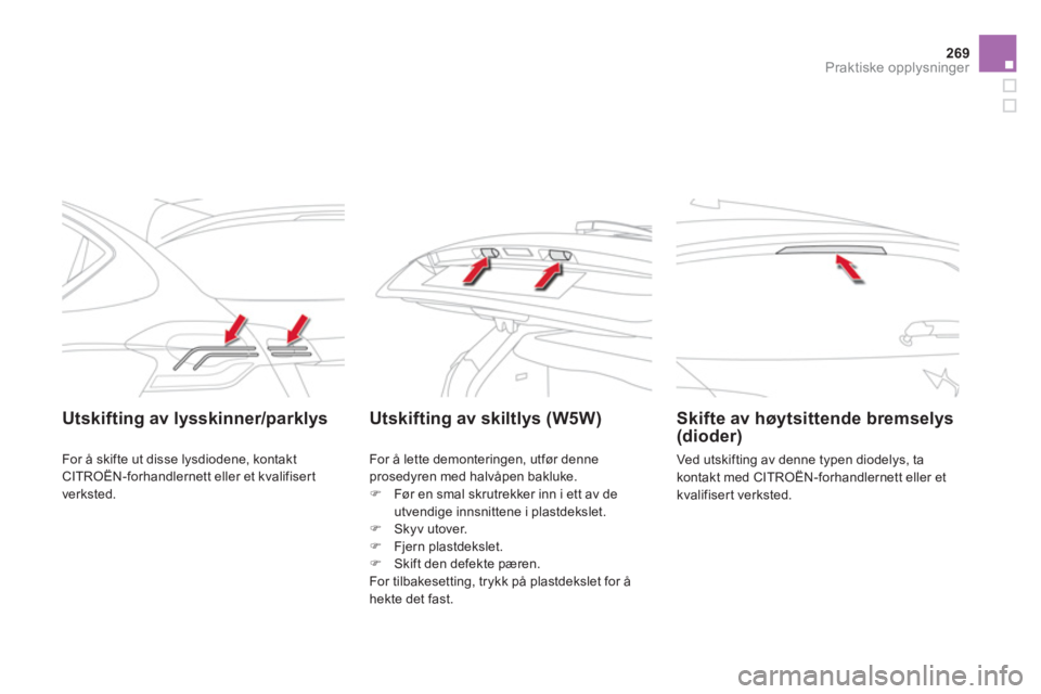 CITROEN DS4 2014  InstruksjonsbØker (in Norwegian) 269Praktiske opplysninger
   
 
Utskifting av lysskinner/parklys    
 
 
 
 
 
 
Utskifting av skiltlys (W5W)    
 
Skifte av høytsittende bremselys 
(dioder) 
  Ved utskifting av denne typen diodely