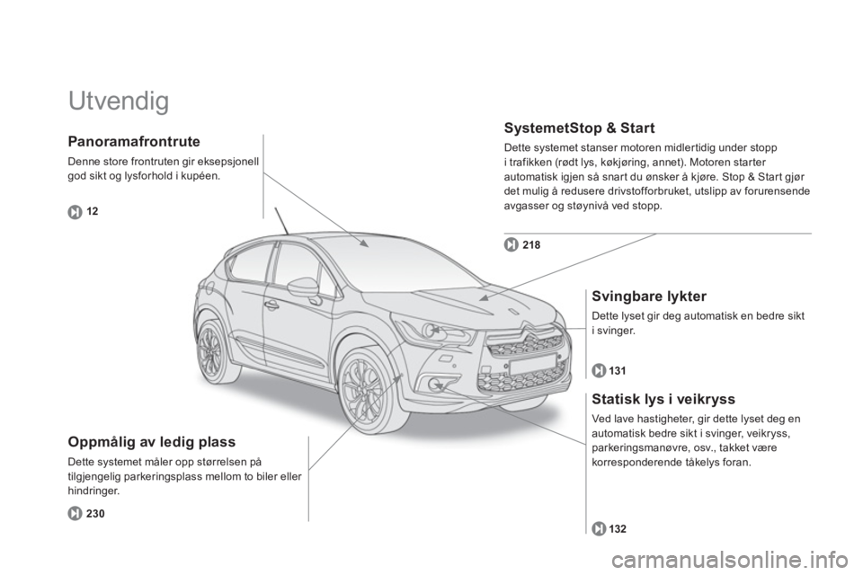 CITROEN DS4 2014  InstruksjonsbØker (in Norwegian)   Utvendig  
 
 
Oppmålig av ledig plass 
 
Dette systemet måler opp størrelsen på 
tilgjengelig parkeringsplass mellom to biler eller 
hindringer. 
   
SystemetStop & Start 
 
Dette systemet stan