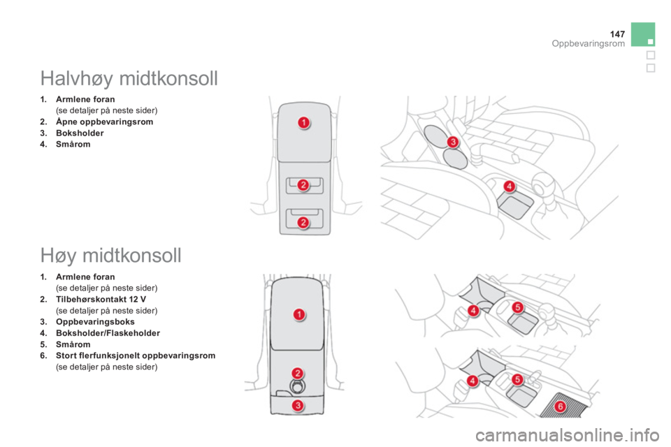 CITROEN DS4 2013  InstruksjonsbØker (in Norwegian) 147Oppbevaringsrom
   
 
 
 
 
 
 
 
 
 
 
 
 
 
Halvhøy midtkonsoll 
1.Armlene foran
 
(se detaljer på neste sider) 2.Åpne oppbevaringsrom3.Boksholder4.    Smårom
   
 
 
 
 
Høy midtkonsoll 
1.