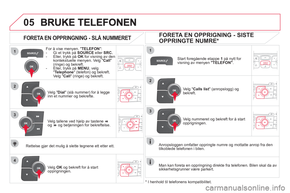 CITROEN DS4 2013 InstruksjonsbØker (in Norwegian)
1
2
1
4
2
33
05
For å vise menyen. " TELEFON":- Gi et trykk på SOURCE
eller SRC.- Eller, trykk på OKfor visning av den
kontekstuelle menyen. Velg "Call"(ringe) og bekreft.
- Eller, t CITROEN DS4 2013 InstruksjonsbØker (in Norwegian)
1
2
1
4
2
33
05
For å vise menyen. " TELEFON":- Gi et trykk på SOURCE
eller SRC.- Eller, trykk på OKfor visning av den
kontekstuelle menyen. Velg "Call"(ringe) og bekreft.
- Eller, t