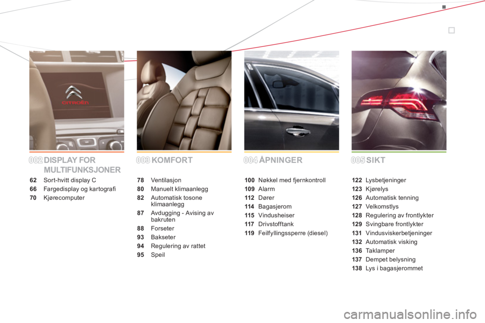 CITROEN DS4 2011  InstruksjonsbØker (in Norwegian) DISPLAY FOR 
MULTIFUNKSJONERKOMFORT ÅPNINGER SIK T
62Sort-hvitt display C
66  Fargedisplay og kartograﬁ 
70
Kjørecomputer
78 Ventilasjon
80Manuelt klimaanlegg
82Automatisk tosoneklimaanlegg
87 Avd