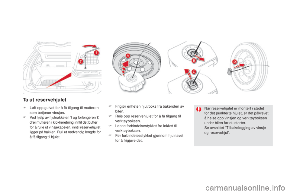 CITROEN DS5 2016  InstruksjonsbØker (in Norwegian) DS5_no_Chap08_info-pratiques_ed02-2015
Ta ut reservehjulet
F Løft opp gulvet for å få tilgang til mutteren som betjener vinsjen.
F
 
Ved hjelp av hjulnøkkelen 1 o g forlengeren 7, 
drei mutteren i