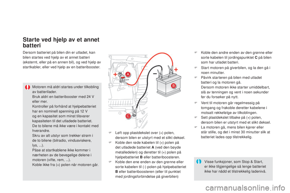 CITROEN DS5 2016  InstruksjonsbØker (in Norwegian) DS5_no_Chap08_info-pratiques_ed02-2015
Starte ved hjelp av et annet 
batteri
Motoren må aldri startes under tilkobling 
av batterilader.
Bruk aldri en batteribooster med 24  V 
eller mer.
Kontroller 