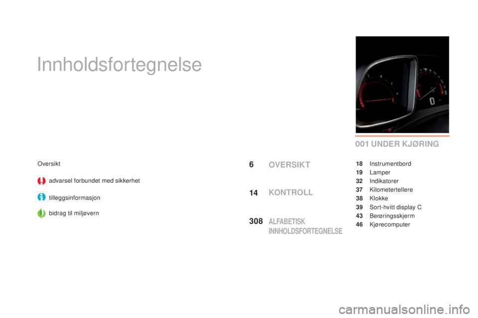 CITROEN DS5 2016  InstruksjonsbØker (in Norwegian) 0 01
DS5_no_Chap00a_sommaire_ed02-2015
Innholdsfortegnelse
under KJØrInG
Oversiktadvarsel forbundet med sikkerhet
tilleggsinformasjon
bidrag til miljøvern 18 
Instrumentbord
19
 

Lamper
32
 

Indik