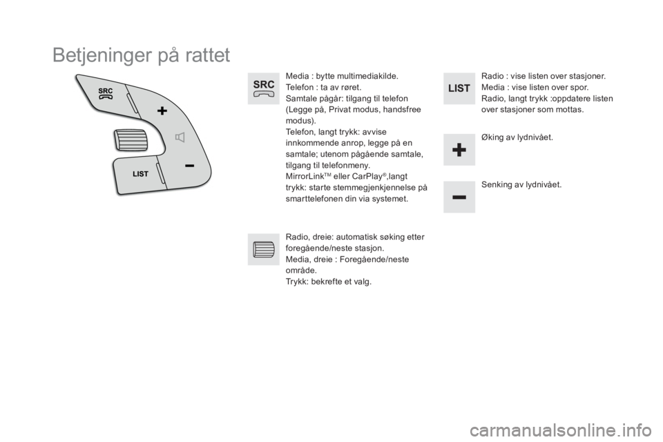 CITROEN DS5 2016  InstruksjonsbØker (in Norwegian)   Betjeninger på rattet 
 
 
 
 
 
 
 
Media : bytte multimediakilde. 
  Telefon : ta av røret. 
  Samtale pågår: tilgang til telefon 
(Legge på, Privat modus, handsfree 
modus). 
  Telefon, lang